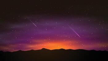 sternenklar Nacht Himmel, Berge Landschaft, Magie Felder. dunkel Mond, Hintergrund mit Star Galaxis, funkeln Universum. realistisch Wolken und glühend Sterne. Banner Vorlage. genau Hintergrund vektor