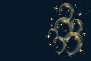 Semester illustration med 3d realistisk gyllene luft ballong med text och glitter konfetti på svart bakgrund. Lycklig födelsedag design för hälsning kort, fest affisch, inbjudan, baner vektor