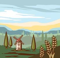 Landschaft mit ein Mühle. Landschaft Mühle, Ohren von Weizen und Landwirtschaft Felder. bunt horizontal Banner. Hintergrund zum Etiketten, Pakete oder Netz. vektor