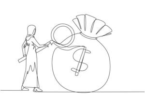 Single kontinuierlich Linie Zeichnung arabisch Geschäftsfrau stand auf Überprüfung aus Riese Geld Tasche mit Lupe. ein Person Erfolg hängt ab auf das Nummer von Geld Taschen gesammelt. einer Linie Illustration vektor