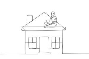 kontinuierlich einer Linie Zeichnung von jung arabisch Geschäftsfrau Sitzung auf Miniatur Haus während Arbeiten beim Computer Laptop. Haus Vermietung Geschäft. großartig passiv Einkommen. gut Zukunft Leben. Single Linie zeichnen vektor