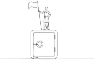 Single kontinuierlich Linie Zeichnung arabisch Geschäftsfrau Stehen auf Riese sicher Anzahlung Box halten Flagge. das Bedeutung von behalten Unterlagen Geschäft im ein sicher Ort. einer Linie Design Illustration vektor