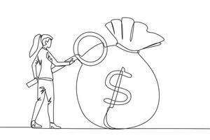 Single kontinuierlich Linie Zeichnung Geschäftsfrau stand auf Überprüfung aus Riese Geld Tasche mit Lupe. ein Person Erfolg hängt ab auf das Nummer von Geld Taschen gesammelt. einer Linie Design Illustration vektor