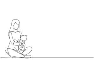 kontinuierlich einer Linie Zeichnung von jung schön Frau Sitzung mit gekreuzten Beinen umarmen ein wenig Katze. Pflege zum seine Liebling Haustier Katze mit großartig Freude. Tier Liebhaber. Single Linie Design Illustration vektor