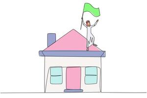 Single kontinuierlich Linie Zeichnung von arabisch Geschäftsmann Stehen auf Miniatur Haus erziehen Flagge. Unternehmer Wer sind erfolgreich im Zuhause Eigentum verdienen ein vergeben zum Geschäft. einer Linie Design vektor