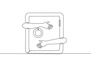 kontinuerlig ett linje teckning av händer kramas säker deposition låda. en begrepp Begagnade till Lagra filer, pengar eller Viktig data relaterad till en företag eller klient. säker. anti tjuv. enda linje dra design vektor