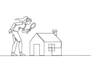 kontinuierlich einer Linie Zeichnung von Geschäftsfrau stand auf halten das Lupe und inspiziert das Miniatur Haus. suchen zum Zuhause Eigentum zu Sein benutzt wie passiv Einkommen. Single Linie zeichnen Illustration vektor