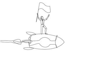 Single einer Linie Zeichnung von jung erfolgreich Geschäftsmann Stehen auf fliegend Rakete durch das Himmel erziehen Flagge. Unternehmer beginnend ein Neu Geschäft Start-up. kontinuierlich Design Grafik Illustration vektor