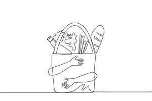 Single kontinuierlich Linie Zeichnung Hände umarmen Lebensmittelgeschäft Papier Taschen mit handhaben. Papier Taschen mit Griffe Das machen es einfach zu verwenden zum Einkaufen zum Täglich Bedürfnisse beim Mini Markt. einer Linie Illustration vektor