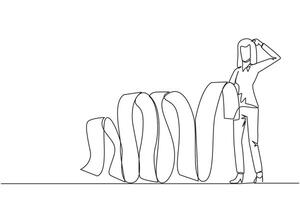 Single einer Linie Zeichnung von Geschäftsfrau halten ein lange Abrechnung Papier baumeln alle das Weg zu das Boden, einer von seine Hände Kratzen seine Kopf. verwirrt Wie zu Zahlen das Rechnung. kontinuierlich Linie Grafik vektor