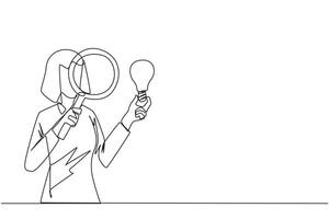 Single kontinuierlich Linie Zeichnung von Geschäftsfrau inspiziert das die Glühbirne sie hält mit ein Lupe. analysieren bestehender Ideen und wählen Sie zum Neu Geschäft braucht. einer Linie Design Illustration vektor