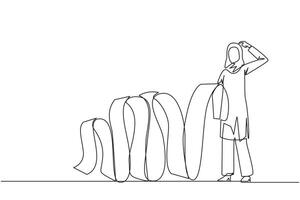 Single einer Linie Zeichnung arabisch Geschäftsfrau halten ein lange Abrechnung Papier baumeln zu das Boden, einer von ihr Hände Kratzen Kopf. verwirrt Wie zu Zahlen das Rechnung. kontinuierlich Linie Grafik Illustration vektor