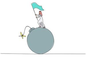kontinuierlich einer Linie Zeichnung von jung arabisch Geschäftsmann Stehen auf groß Bombe mit ein Verbrennung Sicherung erziehen Flagge. Geschäft Achtung in der Nähe von Termin. Zeit Krise Management. Single Linie zeichnen Design vektor