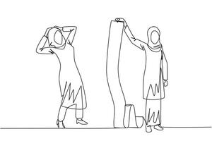 Single einer Linie Zeichnung schockiert arabisch Geschäftsfrau ist gezeigt das Rechnung durch ihr Geschäft Partner. viele Rechnungen haben trat ein das Frist zu Sein bezahlt richtig Jetzt. kontinuierlich Linie Design Grafik Illustration vektor