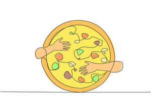 kontinuerlig ett linje teckning av händer kramas pizza. kulinariska från Italien som är nu känd genom hela de värld. typisk mat i de form av cirkulär tunnbröd. enda linje design illustration vektor
