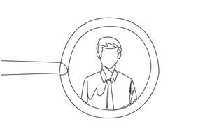 enda ett linje teckning av de cirkel av förstoringsglas slingor till ung framgångsrik affärsman. liknar ett avatar för en Foto på social media. segrande. kontinuerlig linje design grafisk illustration vektor