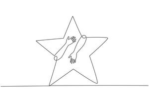 kontinuierlich einer Linie Zeichnung von Hände umarmen fünf spitz Stern. erfolgreich berühren das Sterne meint erfolgreich im Herstellung Geschäft fliegen wie hoch wie das Sterne im das Himmel. Single Linie zeichnen Design vektor