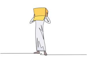 Single kontinuierlich Linie Zeichnung von arabisch Geschäftsmann stand auf oben und bedeckt Kopf mit Karton. Geschäftsmann Wer sind verlegen weil unfähig zu Zahlen mehrere Rechnungen. einer Linie Design Illustration vektor