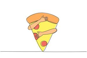 enda kontinuerlig linje teckning av händer kramas pizza skiva. ett skiva av pizza innehåller upp till 700 kalorier. överskott kalorier är inte Bra för de kropp. skräp mat. ett linje design illustration vektor