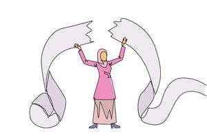 enda ett linje teckning arab affärskvinna slet av fakturering papper hölls ovan henne huvud. brist till betala räkningar gör en affärskvinna full av känslor. fel. kontinuerlig linje grafisk illustration vektor