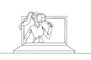 kontinuerlig ett linje teckning av affärskvinna kom ut av de bärbar dator skärm innehav de förstoringsglas. upptäckt uppkopplad nätverkande till upprätthålla hans företag. relation. enda linje dra illustration vektor