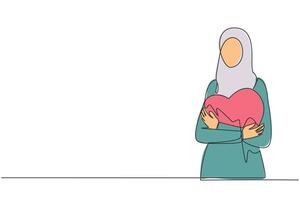 kontinuerlig ett linje teckning av ung Lycklig skönhet arab kvinna med tillfällig skjorta kramas en stor röd hjärta form i henne bröst. generositet illustration. delning begrepp. enda linje illustration vektor