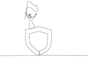 Single kontinuierlich Linie Zeichnung von arabisch Geschäftsmann Stehen auf Riese Schild erziehen Flagge. Netzwerk Sicherheit Geschäftsmann feiern Neu Zusammenarbeit mit Regierung. einer Linie Illustration vektor
