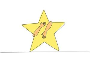 kontinuerlig ett linje teckning av händer kramas fem spetsig stjärna. framgångsrikt rörande de stjärnor betyder efterföljande i framställning företag flyga som hög som de stjärnor i de himmel. enda linje dra design vektor