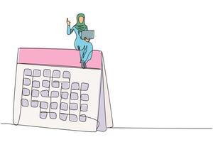 kontinuierlich einer Linie Zeichnung arabisch Geschäftsfrau Sitzung auf ein Riese Schreibtisch Kalender erziehen einer Hand. einreichen ein monatlich Arbeit planen und nehmen Tage aus über online zu das Manager. Arbeit Leben Gleichgewicht. Single Linie vektor