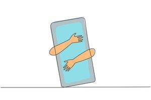 Single kontinuierlich Linie Zeichnung Hände umarmen Handy. Unternehmer Kaufen Neu Handy mit hoch Spezifikationen zu Unterstützung Täglich Aktivitäten. Gadgets machen Performance Einfacher. einer Linie Design vektor