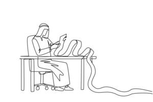 Single kontinuierlich Linie Zeichnung arabisch Geschäftsmann Sitzung im Arbeit Stuhl halten rollen von Abrechnung Papier. monatlich wiederkehrend Rechnung Zahlung. Mitarbeiter Gehalt Rechnungen und andere Zahlungen. einer Linie Design vektor