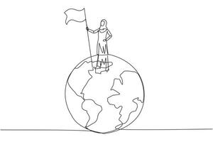 Single einer Linie Zeichnung von erfolgreich arabisch Geschäftsfrau Stehen auf Riese Globus halten Flagge. Geschäftsfrau feiern Sieg. Metapher von erobern das Welt. kontinuierlich Linie Design Grafik vektor