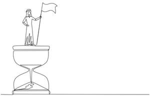 Single einer Linie Zeichnung von arabisch Geschäftsmann Stehen auf Riese Sanduhr halten Flagge. Geschäft Strategie verbunden auf Zeit Management. Geschäftsmann Wer können verwalten mal Also. kontinuierlich Linie Design vektor