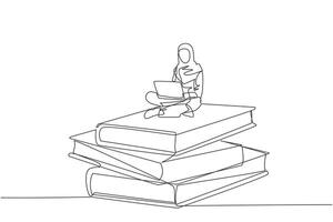 enda kontinuerlig linje teckning arab affärskvinna Sammanträde på stack av jätte böcker tar webinar på bärbar dator. studie företag uppkopplad. läsning. litteratur. företag utbildning begrepp. ett linje design vektor