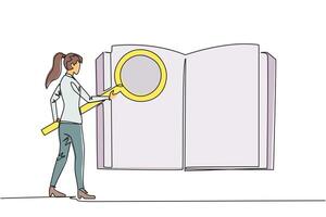 enda kontinuerlig linje teckning affärskvinna stod innehav förstoringsglas och kontrollerade de öppen bok. ser för giltig information och data så den där de företag växer. ett linje design illustration vektor