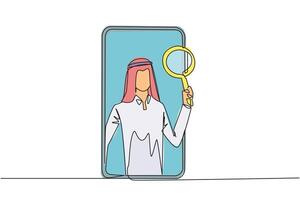 kontinuerlig ett linje teckning arab affärsman kom ut av smartphone skärm innehav förstoringsglas. använda internet teknologi på smartphones till främja företag utomlands. enda linje dra design vektor