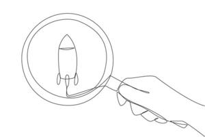 kontinuerlig ett linje teckning av stor hand innehav förstorande glas slingor de raket. göra observationer, ta verkan så företag kan flyga som hög som raketer i Plats. enda linje dra design vektor