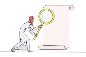 kontinuierlich einer Linie Zeichnung arabisch Geschäftsmann stand auf halten ein Lupe hervorgehoben ein gerollt Papier. bewertet Produkt Beachtung im Übereinstimmung mit Firma Geschäft Normen. Single Linie vektor