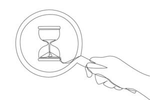 kontinuierlich einer Linie Zeichnung groß Hand halten Vergrößerung Glas Highlights das Sanduhr. Zählen Nieder zu ein Neu Geschäft. Zählen Tage zu Start. Neu Ziele. Single Linie zeichnen Design Illustration vektor