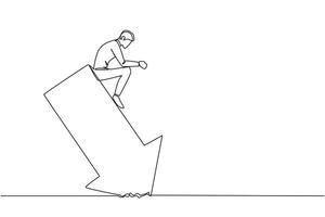 Single einer Linie Zeichnung von träge Geschäftsmann sitzt niedergeschlagen auf ein Sturzflug Pfeil stecken im das Boden. Verluste von das Lager Austausch. schwer Inflation. kontinuierlich Linie Design Grafik Illustration vektor