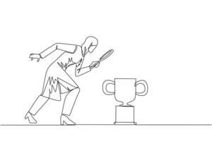 kontinuierlich einer Linie Zeichnung von arabisch Geschäftsfrau halten Vergrößerung Glas suchen beim Trophäe. lange Reise von Laufen ein Geschäft zahlt sich aus aus durch finden Trophäe wie belohnen. Single Linie zeichnen Design vektor