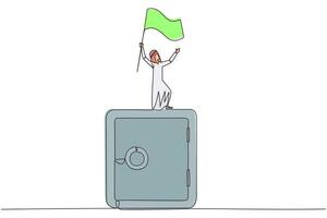 kontinuierlich einer Linie Zeichnung von arabisch Geschäftsmann Stehen auf Riese sicher Anzahlung Box erziehen Flagge. das Bedeutung von behalten Unterlagen Geschäft im ein sicher Ort. Single Linie zeichnen Illustration vektor