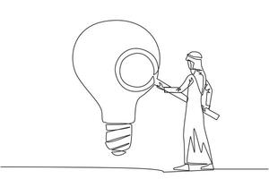 enda ett linje teckning arab affärsman stod innehav förstoringsglas och inspekterad stor glödlampa. affärsman är ser för ny idéer, färsk idéer och innovation. kontinuerlig linje grafisk illustration vektor