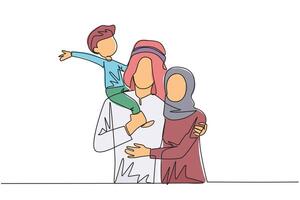 enda ett linje teckning av ung arab kvinna kram henne stilig Make vem är innehav deras liten söt son. leende par med barn. Lycklig familj begrepp. kontinuerlig linje design illustration vektor