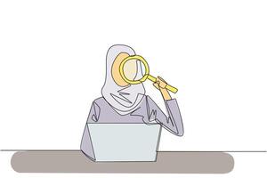 enda kontinuerlig linje teckning av arab affärskvinna är skriver i främre av bärbar dator dator innehav en förstoringsglas. modern företag på detta tid kan vara Gjort helst och var som helst. ett linje design vektor