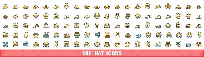 100 hatt ikoner uppsättning, Färg linje stil vektor