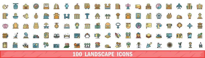 100 Landschaft Symbole Satz, Farbe Linie Stil vektor