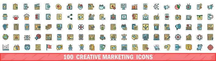 100 kreativ marknadsföring ikoner uppsättning, Färg linje stil vektor