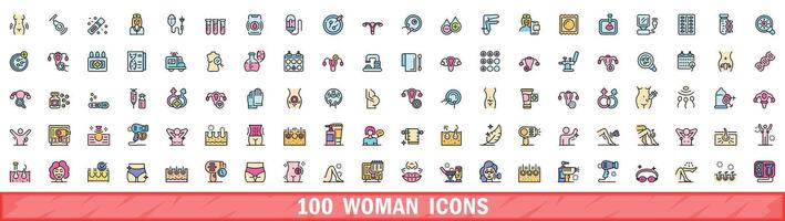 100 kvinna ikoner uppsättning, Färg linje stil vektor