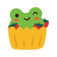Hand Zeichnung Karikatur Cupcake mit Frosch Gesicht und Erdbeere. süß Essen und Tier Gekritzel zum Symbol und Aufkleber vektor